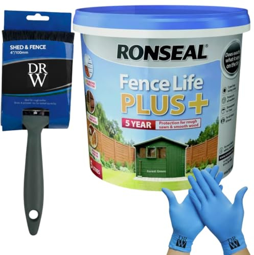 Ronseal One Coat Shed & Fence Protector Forest Green 5L UV Protection + Free 4 Fence Paint Brush & Nitrile Gloves | Long-Lasting Weatherproof Wood Protection | One Coat Formula for Sheds and Fences
