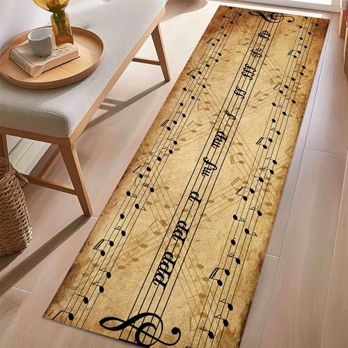 USHIRUG Vintage Musik Läufer, 80x300cm, Braunes Klaviernoten Motiv, Dekorativer Teppich für Musikliebhaber für Musikzimmer Eingangsbereich, Flur, Küche, Bad und Esszimmer Rutschfester Waschbarer