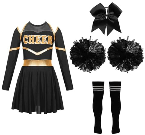 USOHJZ Uniforme de animadora for niñas, vestido baile manga larga con flores en la mano, tocado y calcetines a rayas for presentaciones el escenario Para Actuaciones(A Black White,8)