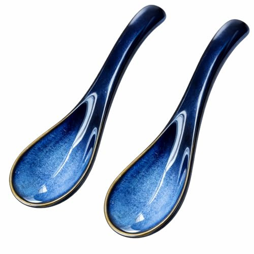 2 PCS Asiatische Suppenlöffel Set, Japanische Suppenlöffel und Ramenlöffel, Asiatische Suppenlöffel aus Porzellan, Keramik Löffel Hitzebeständig für Ramen, Pho, Udon und Suppe