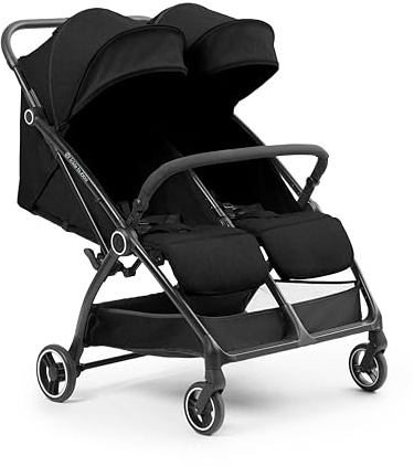 Ickle Bubba Widder Doppel-Kinderwagen, Seite an Seite, Autofold (schwarz) | 10,5 kg leichter Doppel-Kinderwagen, schmaler 69 cm passt durch Türen, Einhandklappung, Geburt: 15 kg pro Sitz.