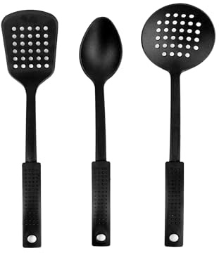 Set de 3 utensilios de cocina San Ignacio Dots en color negro (espátula ranurada, cuchara y espumadera)