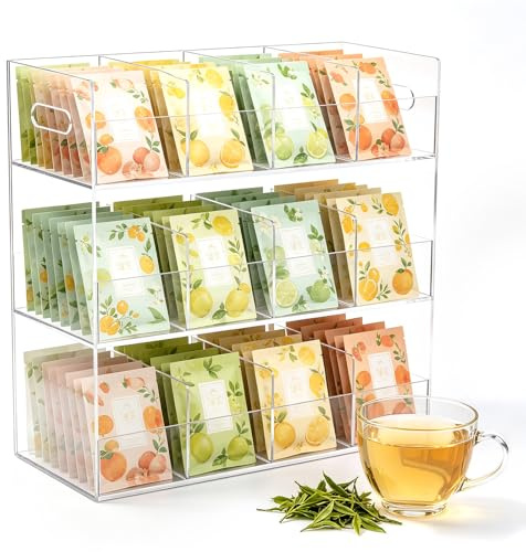 Teebeutel Organizer Acryl, 12-Fach Teebox für 216 Teebeutel Transparente Teebeutelhalter Acryl Teebeutel Aufbewahrung Tee Organizer für Küchenschränke Arbeitsplatten Vorratskammern