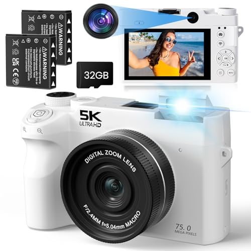 SOPPY 5K Digitalkamera 75MP Fotokamera Vlogging Kamera verbesserte Selfie-Kamera, 3,0 Zoll 18-facher Digitalzoom mit 32GB Karte WiFi-Funktion für Kinder Jugendliche Anfänger, Weiß