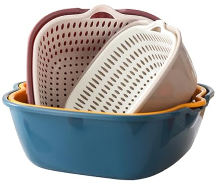 GETAJGHSD Cesta de Drenaje para Cocina 6 Piezas Asas Dobles, Colador de Plástico Apilable para Lavar Frutas y Verduras, Accesorio Multifuncional para Escurrir y Almacenar Alimentos, Uso