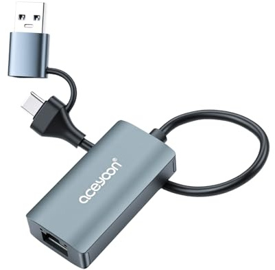aceyoon Adaptador USB C a Ethernet 1G, USB/Tipo C 2 en 1 USB a RJ45 Gigabit LAN (1000 Mbps), adaptador de red de aleación de aluminio USB LAN adaptador para MacBook Matebook Laptop, PC con Windows