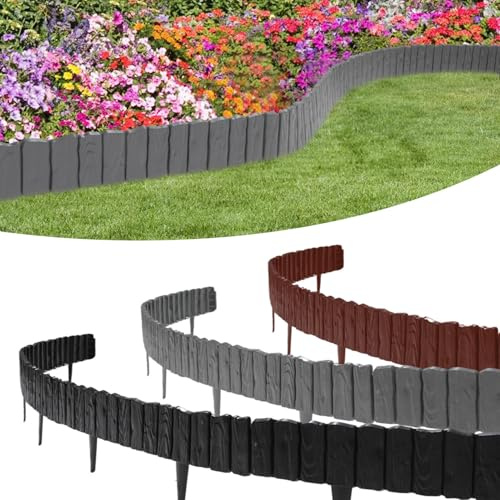 Peviasot Kunststoff Rasenkante 4.56M Holz Optik Garden Border aus Polypropylen Anthrazit 8 Stück Palisade Beetumrandung Rasenkante Beeteinfassung 1 Element LxH: 57x21 cm