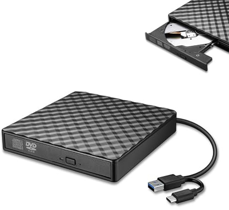External CD DVD Drive, Ultra-Slim Portable DVD CD ROM Reader Writer Burner | USB 3.0 Type-C Optical Drive Disc Player Reader Writer Burner Recorder Compatible with Laptop PC Macbook Windows Linux Mac OS