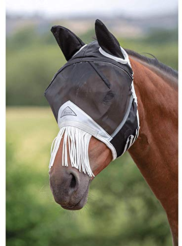 Shires Fine Mesh UV Fly Mask with Ears & Nose Fringe Black/Full/Single