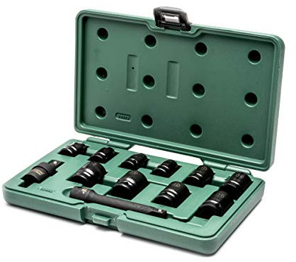 SATA ST09009SJ Juego de Llaves de Vaso de Impacto, Unidad Métrica de 1/2 Pulgada, con Barra de Extensión Lista para Impactos y Junta Universal, en un Estuche de Transporte Verde, 12 Piezas