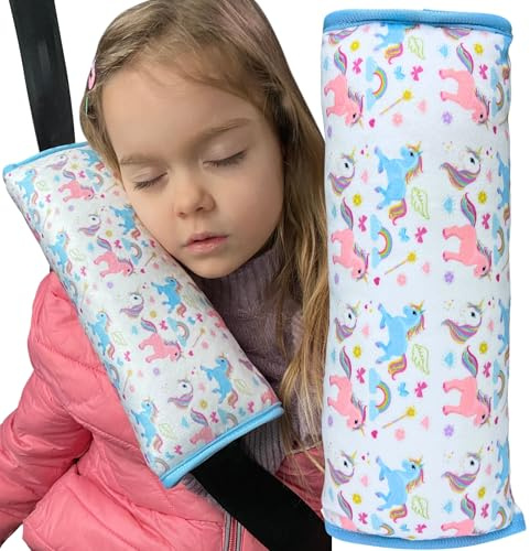 HECKBO Auto Schlafkissen für Kinder Mädchen Jungen - Einhorn - maschinenwaschbar – kuschelweich - Auto Gurtkissen, Gurtschoner, Gurtschutz Sitzerhöhung, Auto Kissen, Reisekissen, Urlaub