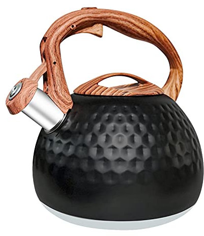 Beruyu Stove Top Whistling Kettle, Stainless Steel Teapot with Wood Grain Handle, for Gas Stove Induction Cooker, 3L (Black)