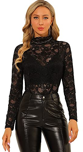 Allegra K Mujer Top de Encaje, Blusa para Mujer de Invierno, Manga Larga, para Fiestas, con Cuello Simulado y Ahuecado Negro XL
