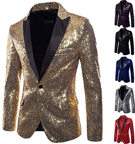 FSFA Blazer elegante con paillettes dorate da uomo a maniche lunghe slim fit con un bottone, giacca da lavoro casual elegante formale per matrimonio, business, serata, M