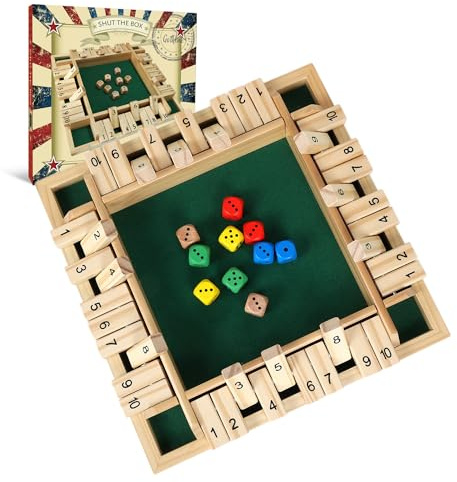 GOTHINK Shut The Box Dice Game with 8pcs Dices 12 inch Traditional Wooden Table Math Board Game 10 Numbers for Kids Adults, Family Classroom Home or Pub Bar 1-4 Players