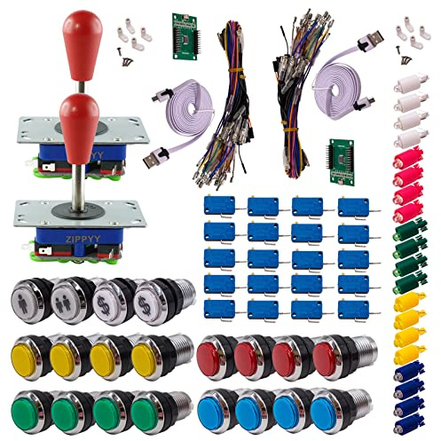 Kit Joysticks et boutons Arcade 2 x 1 Joueur Lumineux Boutons Chromés Joysticks Zippyy Tiges Longues Poires Carte XinMoTek Jeux Vidéo Retro Gaming