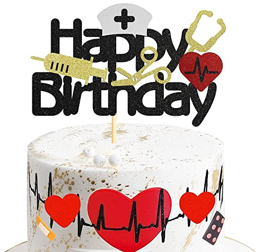 Sumerk Krankenschwester alles Gute zum Geburtstag Kuchen Toppers Glitter medizinische Krankenschwester Thema Geburtstagsparty Kuchendekorationen - Packung mit 1