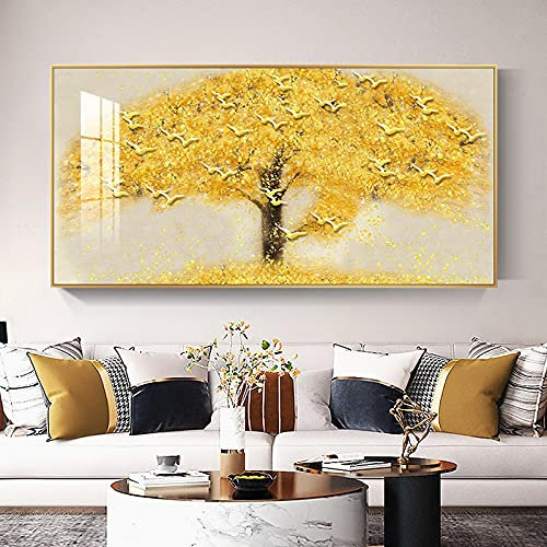 ZHMANLUCK Großes Landschaftsposter, gelbgoldener Geldbaum, für Wohnzimmer, Dekoration, Gemälde mit goldenem Rahmen, Wandbilder, 43 x 86 cm/(17 x 34 Zoll) mit goldenem Rahmen