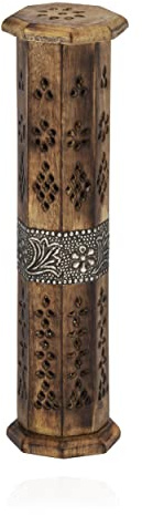 NKlaus Räucherstäbchenhalter 8-eckig Räucherturm 32x6cm Mangoholz mit Messingmotiv 11260