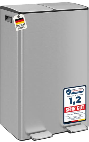 WELLGRO Treteimer, Mülleimer, Edelstahl Tretmülleimer mit 2 x 30 Liter, klappbaren Fußpedalen, Absenkautomatik und praktischen Tragegriffen, Farbe:Silber