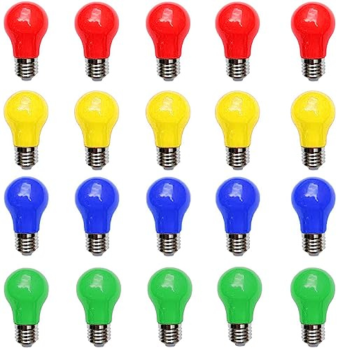 Aiwerttes Farbige LED Glühbirne E27 3W A50 Birne,gemischte Farben Glühbirnen für Feen Lichter Bunte Halloween Party Dekoration, Pack von 20,Rot Gelb Blau Grün