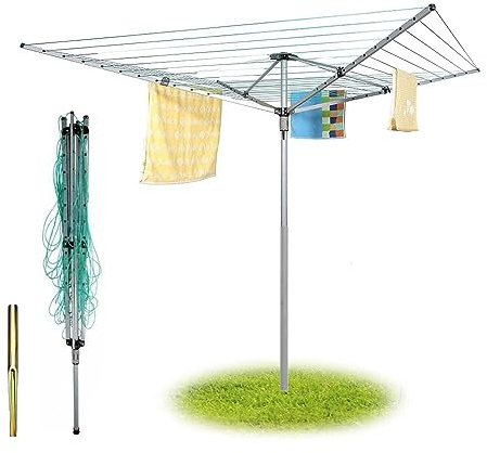 AAMEN 50m Rotary Washing Line, 4 Arm Foldable Clothes Airer, Outdoor Drying Rack Laundry Washing Line with Ground Spike & Cover, Clothes Dryer, Umbrella Drying Rack, Clothes Line