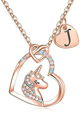 TINGN Einhorn Geschenke für Mädchen, Kette Kinder 14K Roségold Vergoldet CZ Herz Anhänger Buchstaben Halskette Mädchen 5 6 7 8 9 Jahre Einhorn Geburtstagsgeschenk für Tochter Nichte Schmuck Kinder
