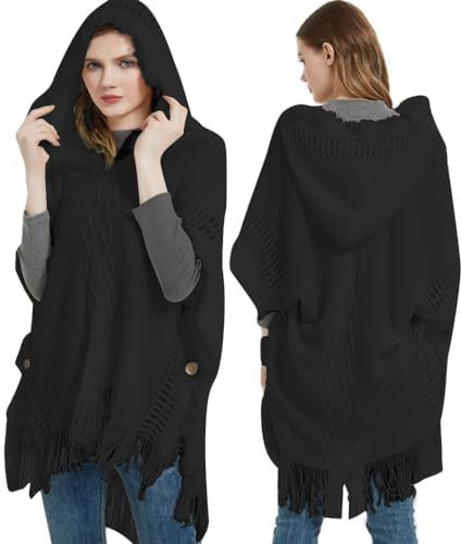 ITODA Poncho à Capuche avec Franges Poncho Châle Elégant Chaud Cape Hiver Tricote au Crochet Écharpe Femme Mode Foulard Ouvert Manteau à Capuchon Coupe-Vent Hiver Automne pour Femme