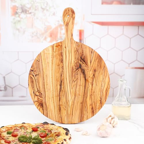M’Zaytouna | Premium Pizzabrett,handgefertigtes Olivenholz Pizzabrett, hochwertiges Pizzabrett rund, Pizzateller, Flammkuchenbrett, rund mit griff, Schneidebrett Ø 30, Servierbrett aus Olivenholz