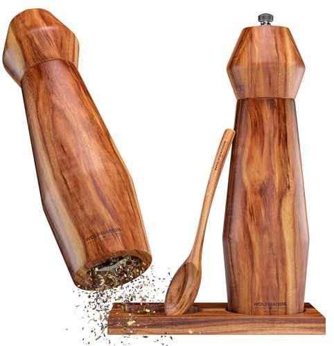 Wolfgangs Salz und Pfeffermühle aus Holz - Edles Gewürzmühlen Set mit Keramikmahlwerk für jede Mahlgröße - Pfeffer und Salzmühle Holz - Pfeffer Mühle mit Extra Untersetzer + Löffel