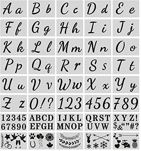 zalati Set di 40 stencil riutilizzabili per calligrafia con lettere dell'alfabeto, numeri, per pittura fai da te su legno, diversi motivi