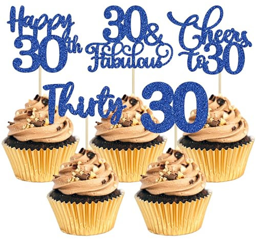 30 Pack Happy 30th Birthday Cupcake Toppers Dark Blue Glitter Thirty Cheers to 30 Birthday Cupcake Picks for Happy 30th Birthday Anniversary Party Cake Decorations Supplies