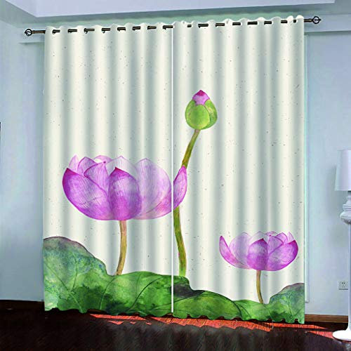 MAYNUO Blickdichte Vorhänge Mit Motiv 3D Lotusblatt Rosa Lotus Kinder Gardinen Blickdicht Ösen Gardine Thermo 264x214 cm Schlafzimmer Kinderzimmer Vorhänge Dekoratives Muster, Verdunklungsvorhänge