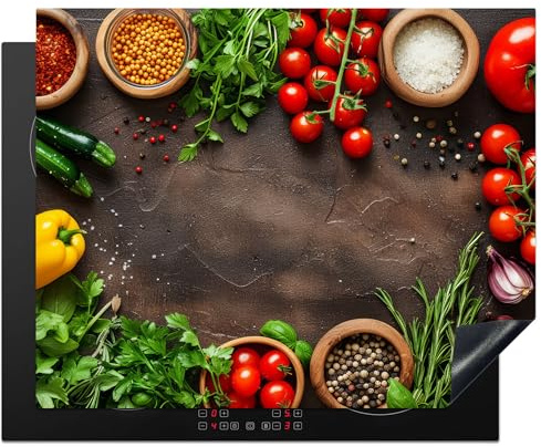 KitchenYeah© Protection Pour Plaque Induction Deco Cuisine Protégé Cache De | 65x52 cm - Cuisson Vitroceramique Légumes - Tomates - Béton - Épices