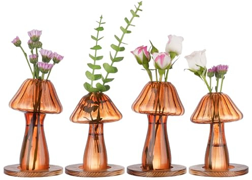 NiHome Handcrafted Mushroom Glass Planter with Wooden Base Set of 4, Cute Indoor Greenery Plant Propagation Stations, Durable High Borosilicate Glass for Flowers, Hydroponics & Home Decor (Brown)