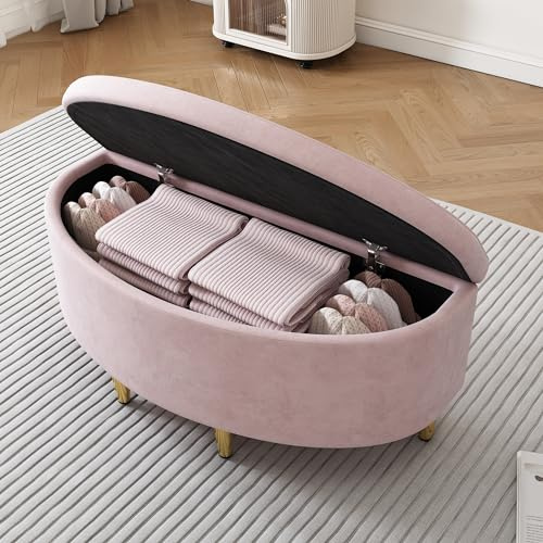 Sapgaks Panca portaoggetti imbottita con scatola portaoggetti in velluto, poggiapiedi con gambe in metallo, adatta per corridoio, soggiorno, camera da letto, 90 x 40 x 42 cm, rosa