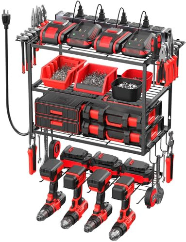 JUNNUJ Tool Organizer with Charging Station, 4 Layers Wall Mount Garage Tools Storage with 8 Outlets Power Strip, 4 Drills Holder Battery Heavy Duty Metal Shelf, Utility Rack with Hooks, Black