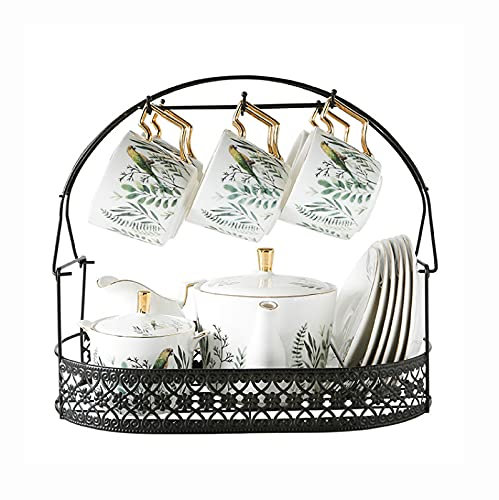 ASumPio Juego De Té De Cerámica De 15 Piezas para La Tarde, Taza De Café Y Platillo De Porcelana con Soporte De Metal, Tetera con Diseño De Loro Y Plantas Verdes,
