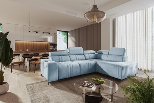 All4All Ecksofa mit Schlaffunktion Fabio VII 273 cm x 211 cm - Eckcouch mit Bettkasten - Wohnlandschaft in L-Form -Modern - Loft Stil - XXL Sofa - Seite Rechts - Blau - Easy Clean Stoff 26