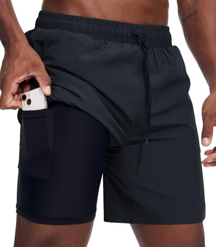 Danfiki Löparshorts för män, gymshorts med fickor, lättviktig, innerventilerande, snabbtorkande, Svart, S