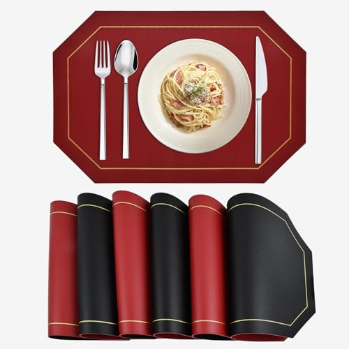 Wisebom Set di 6 Tovagliette Lavabili, 43 x 30 cm Tovagliette in Pelle Tovagliette Colazione Antiscivolo Lavabili Tovagliette Resistenti al Calore per Cucina Tavolo Ristoranti (Nero & Rosso)