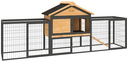 PawHut Rabbit Hutch Outdoor, Wooden Guinea Pig Hutch with Steel Run, Removable Leak Proof Tray, Water-Resistant Roof, Ramp, Small Animal House for 2-3 Bunnies, Guinea Pigs, 217 x 53 x 86 cm