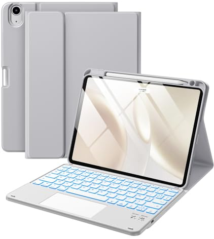 Vobafe Hülle mit Tastatur für iPad Air 11 Zoll M4 M3 M2 (2026/2025/2024), iPad Air 5. 4. Generation 2022/2020 10.9, Mutil-Touch Trackpad Beleuchtete Abnehmbare Keyboard, mit Stifthalter, Hellgrau