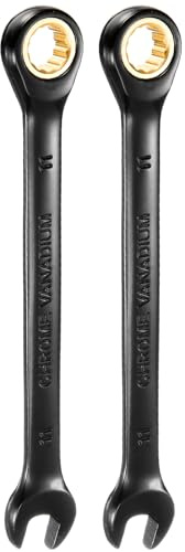 QUARKZMAN 2 Piezas Llave de Trinquete 11mm Métrica de Boca Abierta 72 Dientes Acero CR-V Niquelada Llave Combinada de Trinquete para Tornillos Tuercas y Pernos