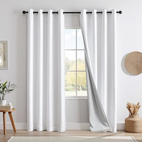 MYSKY HOME Vorhang 100% Blickdicht Gardinen mit Ösen Verdunklungsvorhänge Leinen-Mischung Thermovorhang Kälteschutz Hitzeschutz vorhänge für Wohnzimmer Schlafzimmer 2er Set H 225 x B 140 cm, Weiß