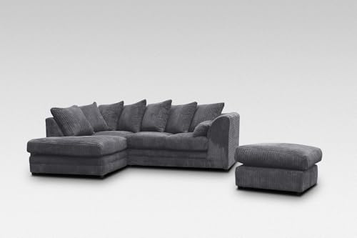 L Shaped Settee - Corner Scatter Back Sofas - Elegant 4 Seater Sofa Set - Comfy Jumbo Cord Sofa with Foot Stool included for Living Room Lounge Indoors Decor (Grey, Left Hand)