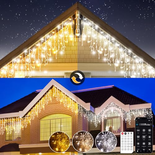 Luci Natale da Esterno Cascata, Luci Natale Esterno Bianco Caldo e Freddo, Tenda Luci Natale Esterno con APP e Telecomando, 17 Modalità, 4 Luminosità, Timer, Decorazioni Natale Esterno(15M-600L,C/F)