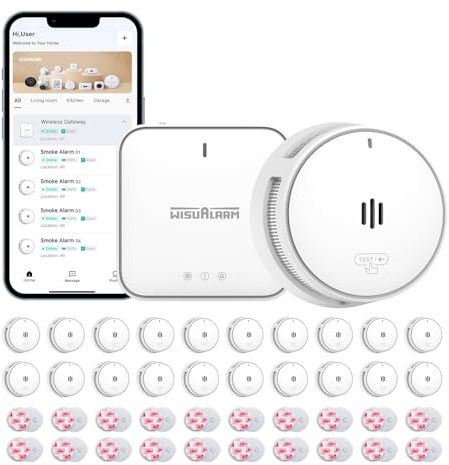 Wisualarm Rauchmelder Vernetzt mit Basisstation, intelligenter Feuermelder für Zuhause mit App für sofortige Push-Benachrichtigungen, 10-Jahres-Batterie (Melder mit Gateway, 20*Rauchmelder+1*Gateway)