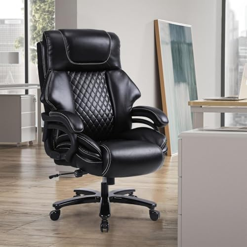 Bürostuhl Chefsessel 200kg Belastbarkeit Bürostuhl 200kg Ergonomischer Schreibtischstuhl Drehstuhl Leder mit Verstellbarer Lordosenstütze, Schwarz