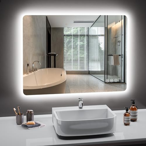 PESENXAN Badspiegel mit Beleuchtung 80x60cm, Led Spiegel Bad mit Antibeschlag, 3 Lichtfarben, Dimmbar, Speicherfunktion, Touch-Schalter, IP44 Wasserdicht, LED Badezimmerspiegel